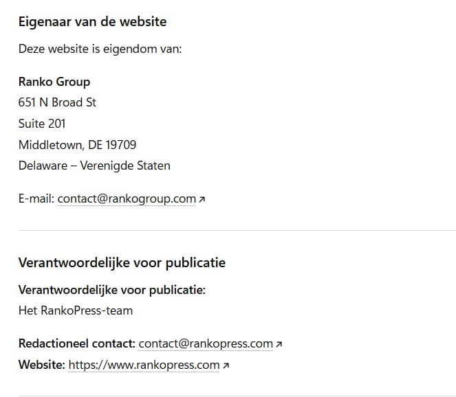 Contact information for Ranko Group and RankoPress team.